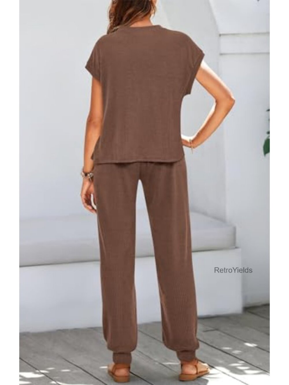 2 Piece Lounge Set Women Summer Ribbed Knit Tracksuit Casual Active Sets - Picture 4 of 6